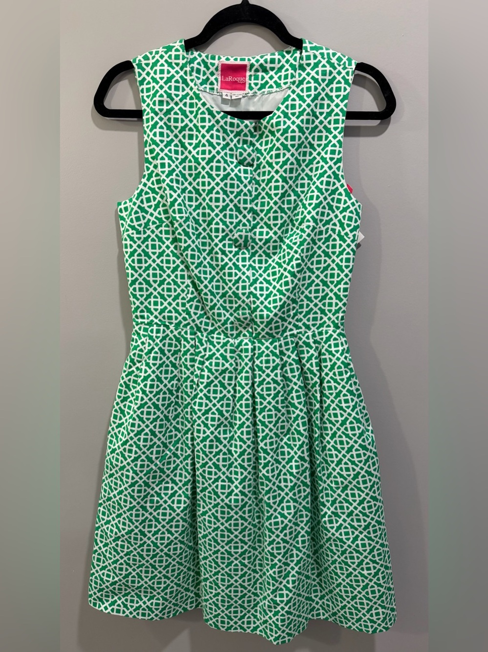 NWT LaRoque Geometric Print Button Detail Fit and Flare Dress Green White Size 4